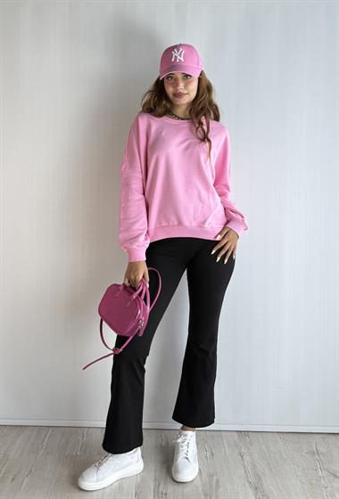 Kadın Bisiklet Yaka Üç İplikli Uzun Kollu Oversize Basic Pembe Sweatshirt 