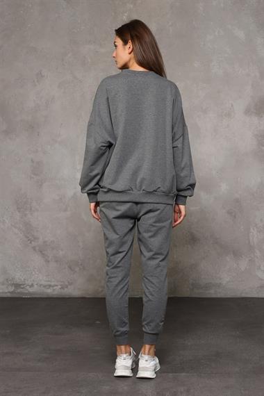 Kadın Bisiklet Yaka Uzun Kollu Basic Antrasit Sweatshirt 