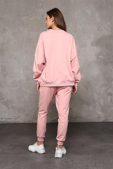 Kadın Bisiklet Yaka Uzun Kollu Basic Pudra Sweatshirt 