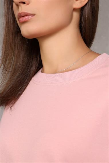 Kadın Bisiklet Yaka Uzun Kollu Basic Pudra Sweatshirt 