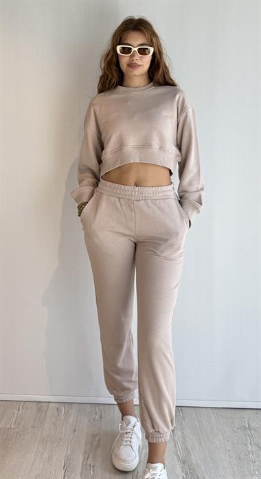 Kadın Bisiklet Yaka Uzun Kollu Crop Top Sweatshirt Bej Eşofman Takımı