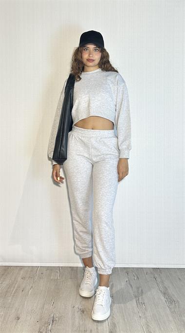 Kadın Bisiklet Yaka Uzun Kollu Crop Top Sweatshirt Gri Eşofman Takımı