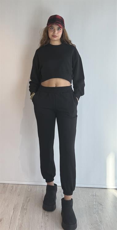 Kadın Bisiklet Yaka Uzun Kollu Crop Top Sweatshirt Siyah Eşofman Takımı