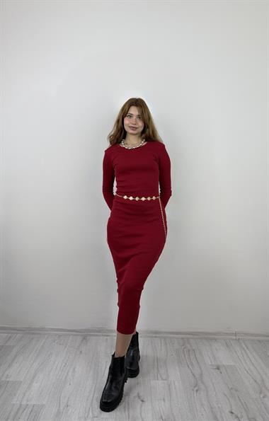 Kadın Bisiklet Yaka Uzun Kollu Maxi Boy Düz Kırmızı Elbise