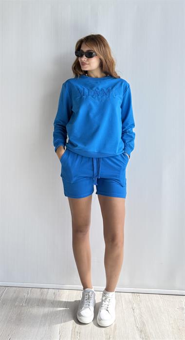 Kadın Bisiklet Yaka Uzun Kollu Sweatshirt Bel Lastikli Şort İkili Takım 