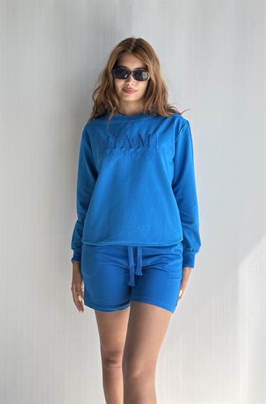 Kadın Bisiklet Yaka Uzun Kollu Sweatshirt Bel Lastikli Şort İkili Takım 