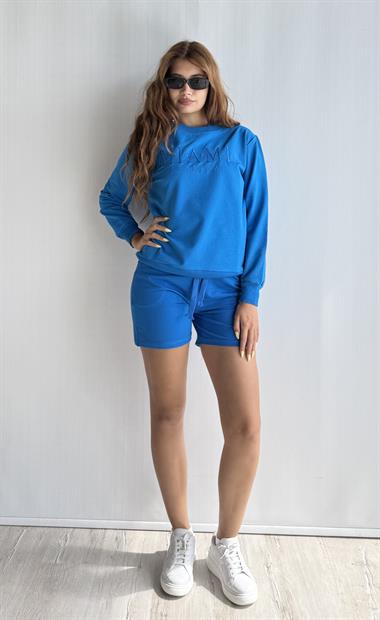 Kadın Bisiklet Yaka Uzun Kollu Sweatshirt Bel Lastikli Şort İkili Takım 