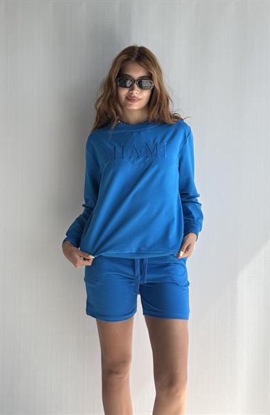 Kadın Bisiklet Yaka Uzun Kollu Sweatshirt Bel Lastikli Şort İkili Takım 