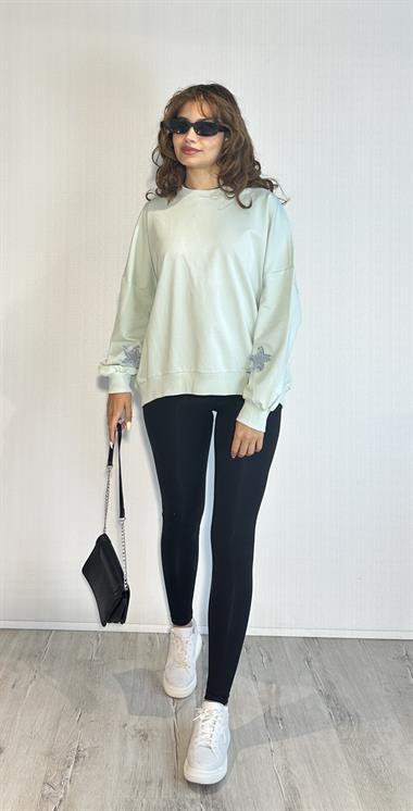 Kadın Bisiklet Yaka Uzun Kollu Yıldız Nakış Detaylı Turkuaz Sweatshirt 