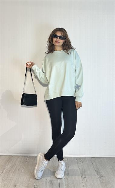 Kadın Bisiklet Yaka Uzun Kollu Yıldız Nakış Detaylı Turkuaz Sweatshirt 