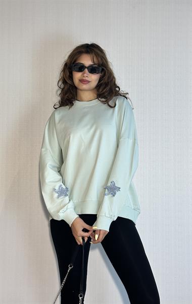 Kadın Bisiklet Yaka Uzun Kollu Yıldız Nakış Detaylı Turkuaz Sweatshirt 