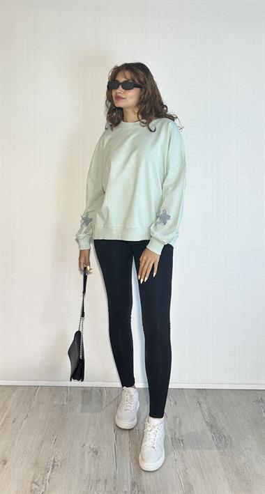 Kadın Bisiklet Yaka Uzun Kollu Yıldız Nakış Detaylı Turkuaz Sweatshirt 