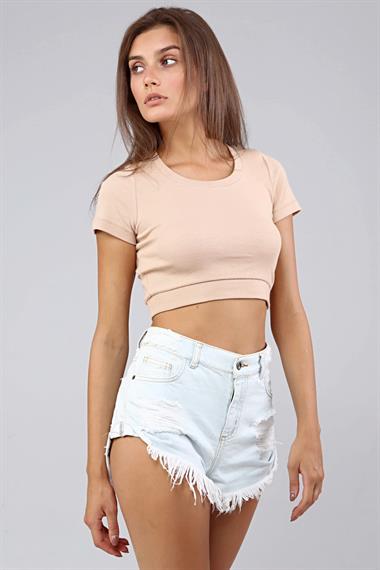 Kadın Bisiklet Yaka Vücuda Oturan Fitilli Esnek Bej Crop Top Tişört