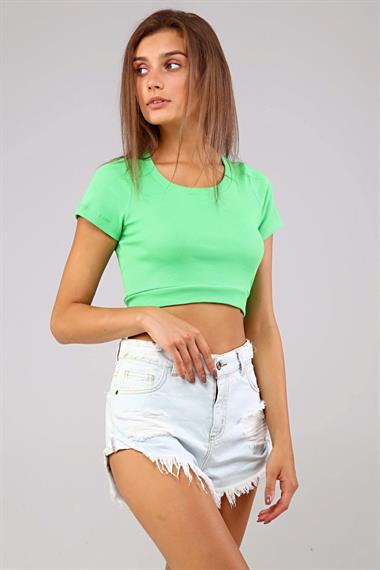 Kadın Bisiklet Yaka Vücuda Oturan Fitilli Esnek Yeşil Crop Top Tişört