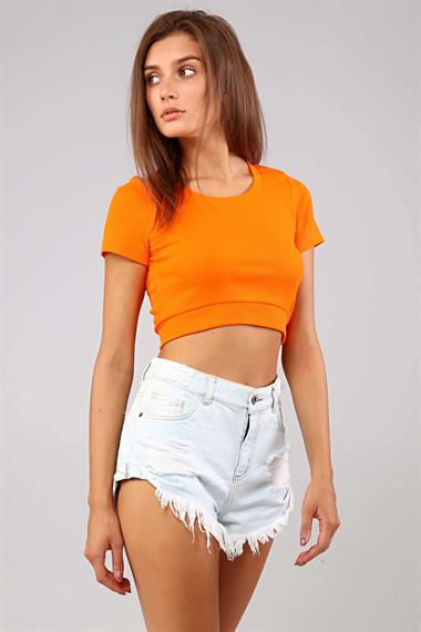 Kadın Bisiklet Yaka Vücuda Oturan Fitilli Esnek Oranj Crop Top Tişört