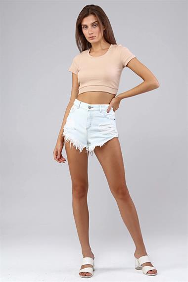Kadın Bisiklet Yaka Vücuda Oturan Fitilli Esnek Bej Crop Top Tişört