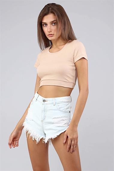 Kadın Bisiklet Yaka Vücuda Oturan Fitilli Esnek Bej Crop Top Tişört