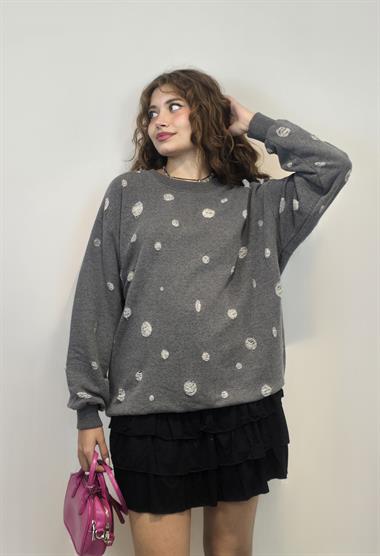 Kadın Bisiklet Yaka Yırtık Detaylı Oversize Uzun Kollu Antrasit Sweatshirt 