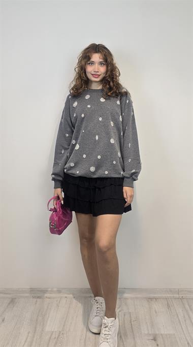 Kadın Bisiklet Yaka Yırtık Detaylı Oversize Uzun Kollu Antrasit Sweatshirt 
