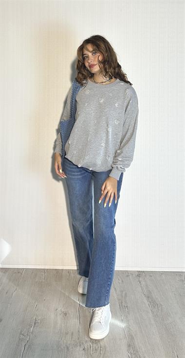 Kadın Bisiklet Yaka Yırtık Detaylı Oversize Uzun Kollu Gri Sweatshirt 