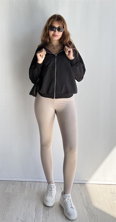Kadın Bomber Yaka Fermuarlı Uzun Kol Oversize Sweatshirt - Siyah 