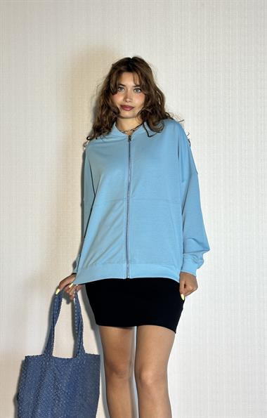 Kadın Bomber Yaka Fermuarlı Uzun Kol Oversize Sweatshirt - Mavi 