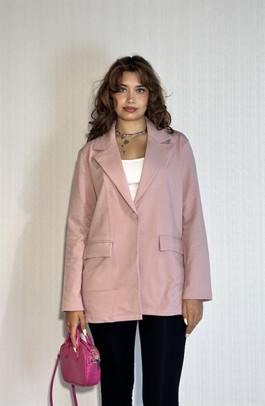 Kadın Cep Detaylı Düğmeli Oversize Blazer Pudra Ceket 