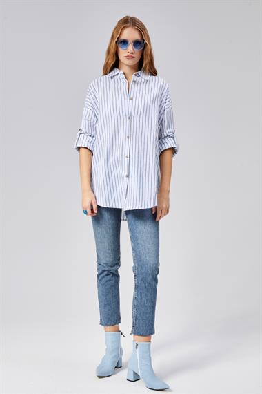Kadın Çizgili Uzun Kol Oversize Gömlek 