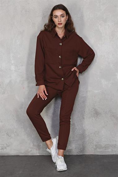 Kadın Düğme Detaylı Polarlı Kalın Uzun Kollu Kahverengi Gömlek