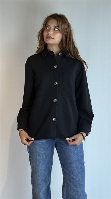 Kadın Düğme Detaylı Polarlı Kalın Uzun Kollu Siyah Gömlek