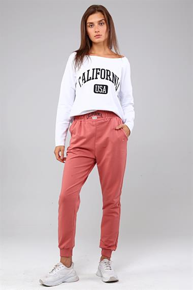 Kadın Geniş Yaka Baskılı Uzun Kol Oversize Bel Lastikli Nar Çiçeği Eşofman Takımı