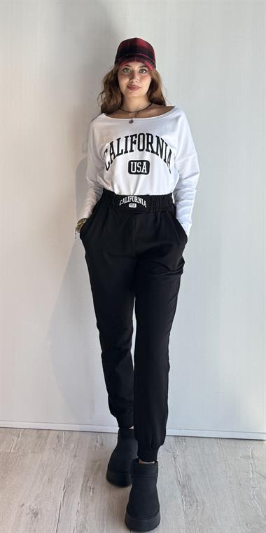 Kadın Geniş Yaka Baskılı Uzun Kol Oversize Bel Lastikli Siyah-Beyaz Eşofman Takımı