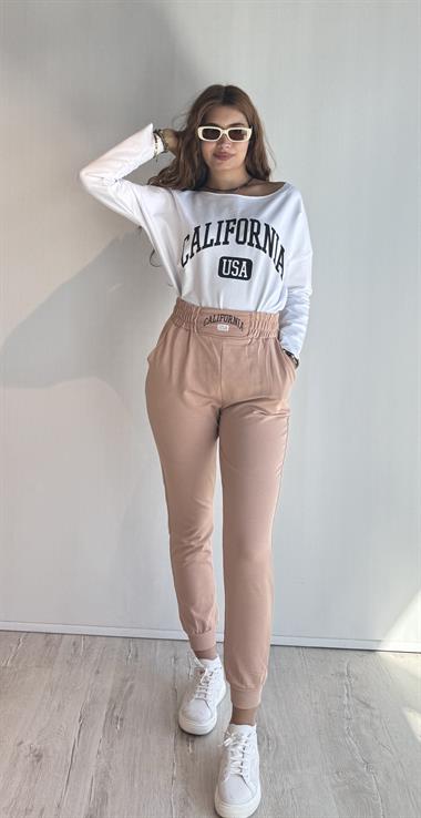 Kadın Geniş Yaka Baskılı Uzun Kol Oversize Bel Lastikli Beyaz-Kahverengi Eşofman Takımı