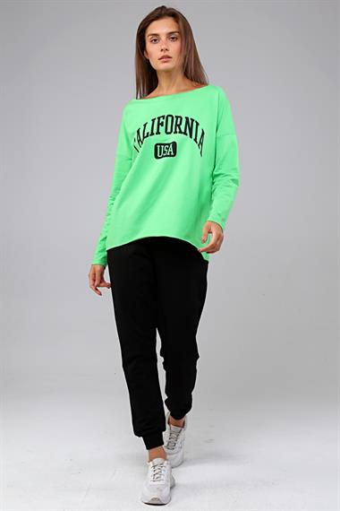 Kadın Geniş Yaka Baskılı Uzun Kol Oversize Bel Lastikli Neon Yeşil Eşofman Takımı