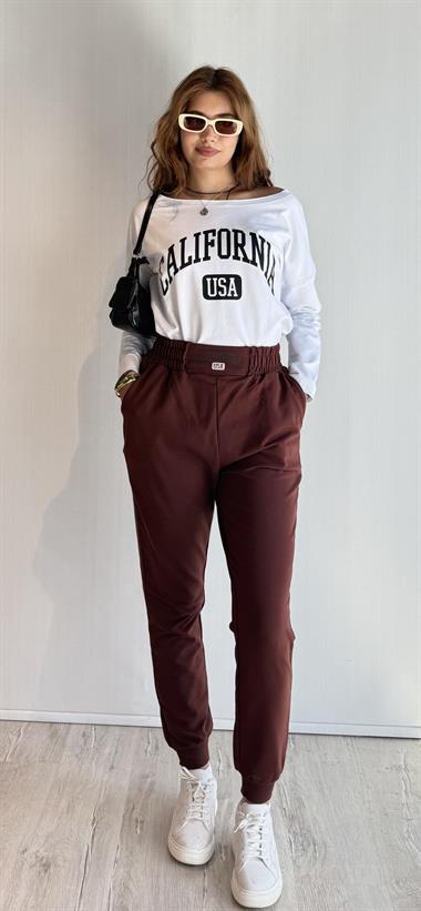 Kadın Geniş Yaka Baskılı Uzun Kol Oversize Bel Lastikli Beyaz-Çikolata Eşofman Takımı