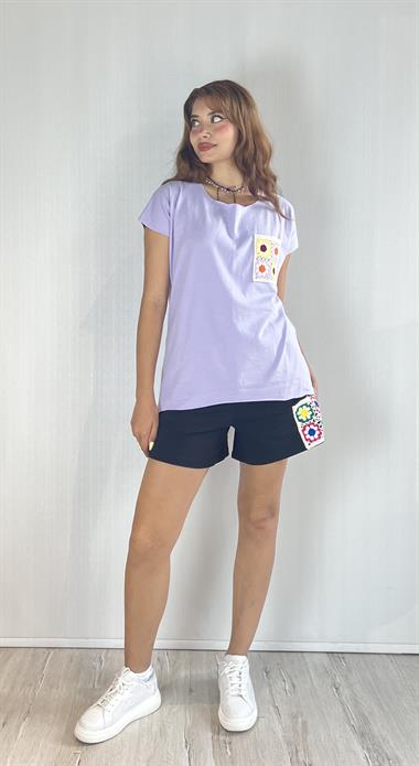 Kadın Geniş Yaka Nakış Baskı Detaylı Kısa Kollu Tişört Bel Lastikli Şort İkili Takım 