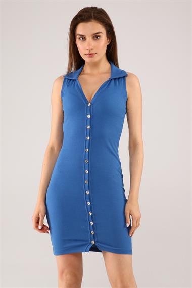 Kadın Gömlek Yaka Boydan Düğmeli Mini Mavi Elbise 