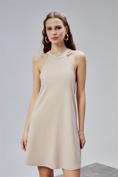 Kadın Halter Yaka Düz Bej Mini Elbise -Elbise-Tf The Fancy For You-1259-3-Kadın Halter Yaka Düz Bej Mini Elbise 