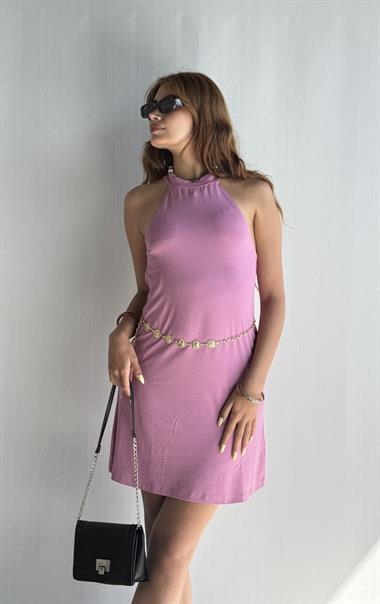 Kadın Halter Yaka Düz Lila Mini Elbise 