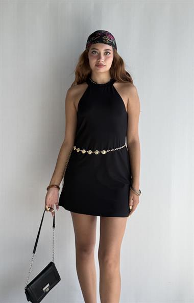 Kadın Halter Yaka Düz Siyah Mini Elbise 