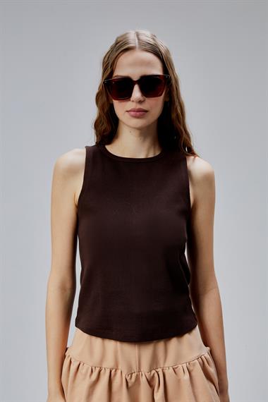 Kadın Halter Yaka Kolsuz Kahve Basic Crop Bluz