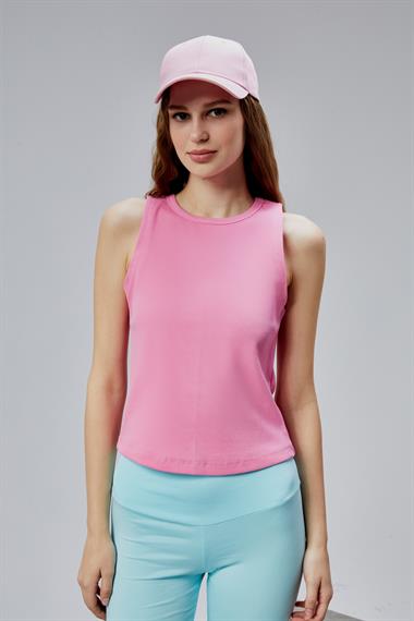 Kadın Halter Yaka Kolsuz Pembe Basic Crop Bluz