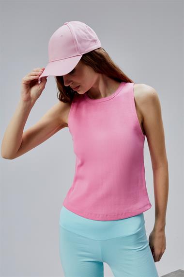 Kadın Halter Yaka Kolsuz Pembe Basic Crop Bluz