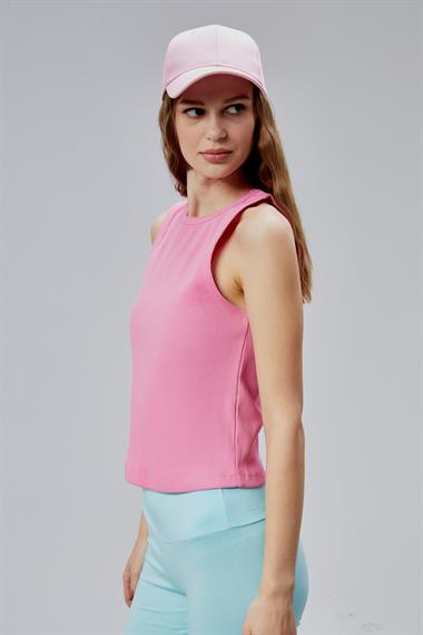 Kadın Halter Yaka Kolsuz Pembe Basic Crop Bluz