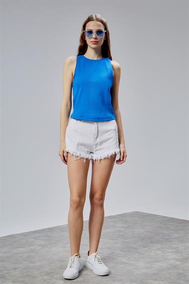 Kadın Halter Yaka Kolsuz Saks Mavisi Basic Crop Bluz