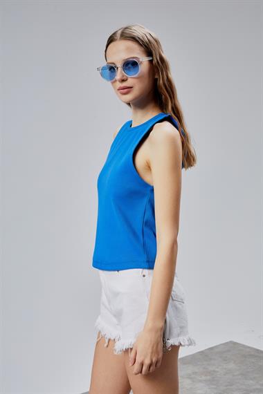 Kadın Halter Yaka Kolsuz Saks Mavisi Basic Crop Bluz