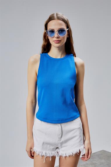 Kadın Halter Yaka Kolsuz Saks Mavisi Basic Crop Bluz