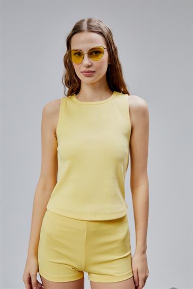Kadın Halter Yaka Kolsuz Sarı Basic Crop Bluz
