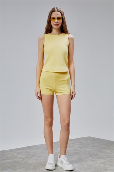 Kadın Halter Yaka Kolsuz Sarı Basic Crop Bluz
