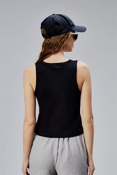 Kadın Halter Yaka Kolsuz Siyah Basic Crop Bluz